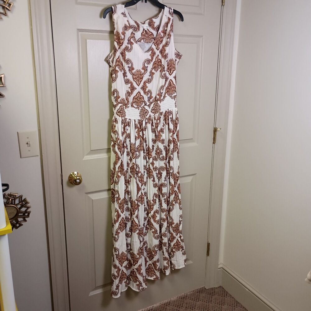 Cato Womens Dress Size Large Maxi Paisley Boho Sleeveless Brown White Vneck
